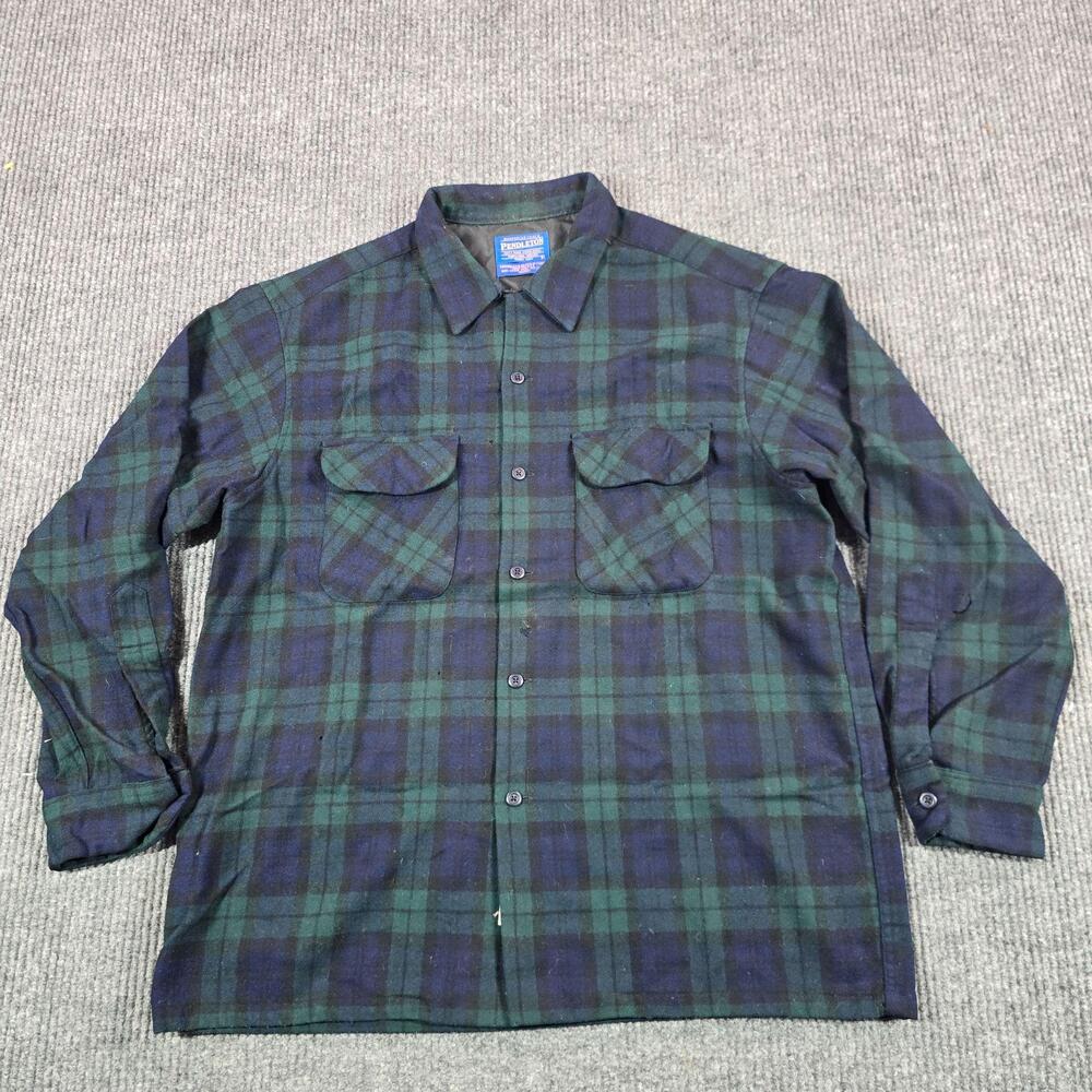 VTG Pendleton Board Shirt Mens Large Green BlackWatch Tartan Wool Loop Collar